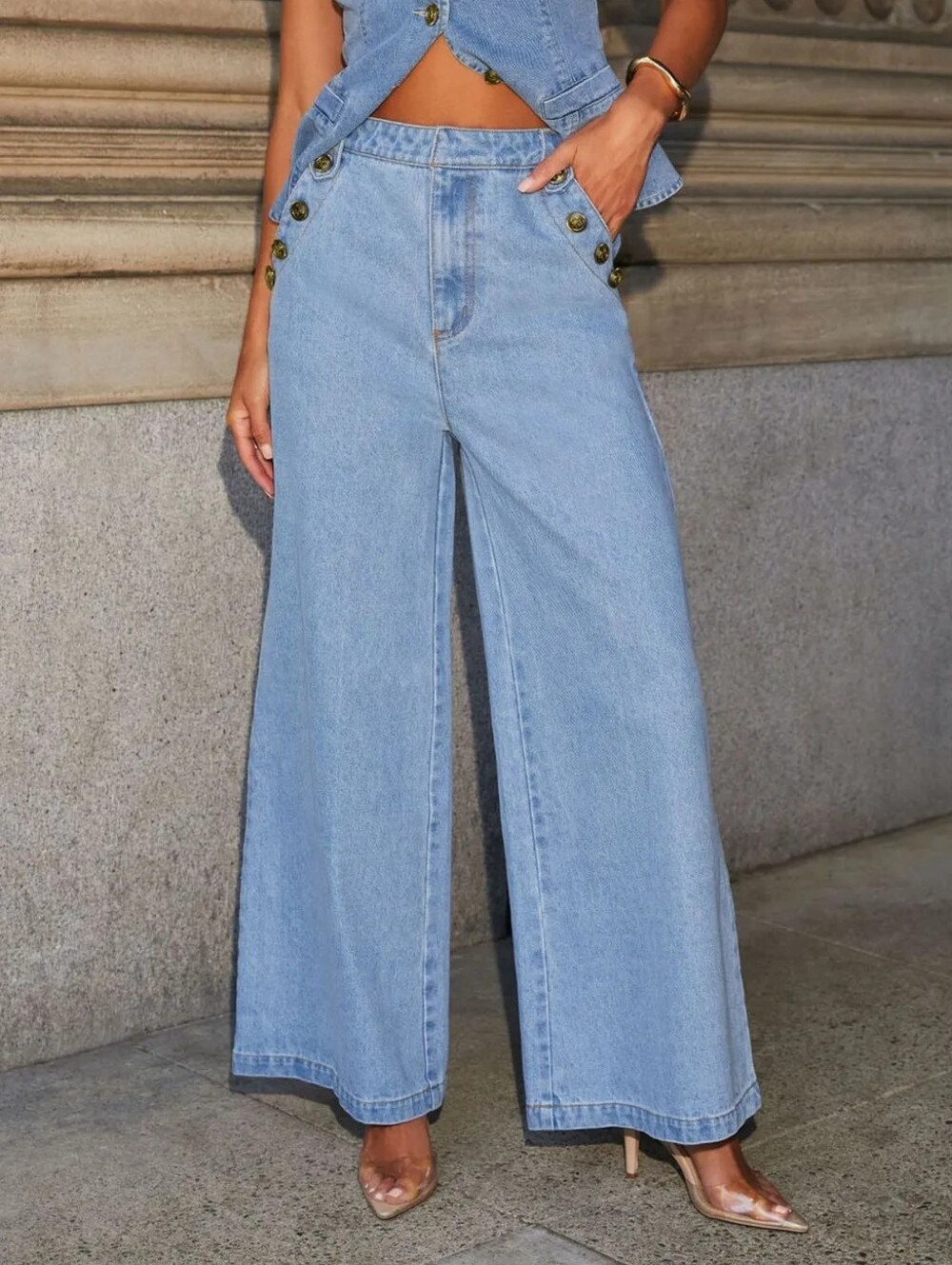 Classic Button Accent High Waist Wide Leg Jeans - Picture 3 of 13
